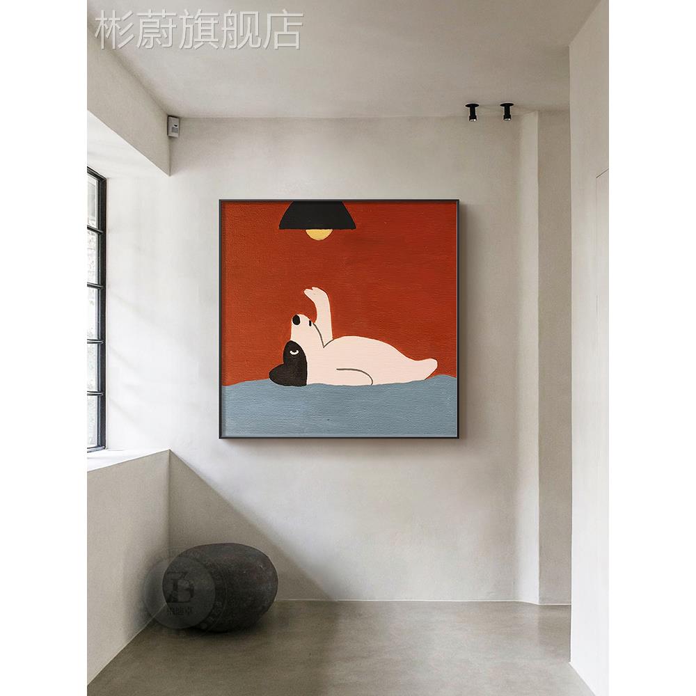 网红正方形客厅装饰画卡通狗红色儿童房墙壁现画代轻奢高档玄小关图片