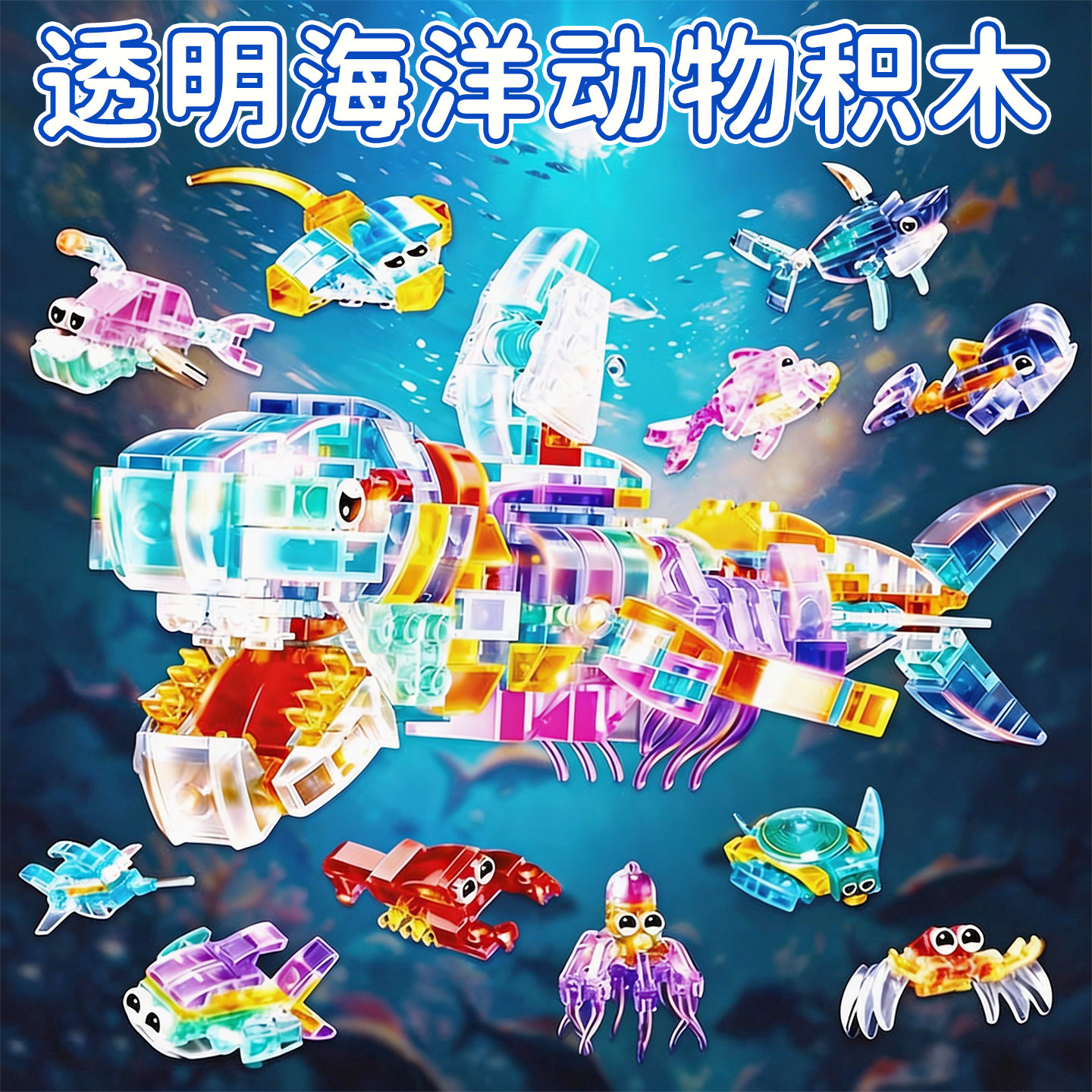 海洋生物动物模型仿真鲨鱼恐龙透明积木儿童益智拼装玩具男孩礼物