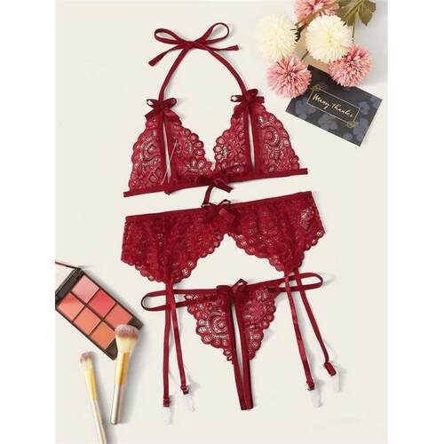 Sexy lace bra panties garter belt bikini three-piece suit