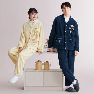 家居服男加绒加厚珊瑚绒小熊保暖套装 红豆情侣舒适睡衣女士秋冬季