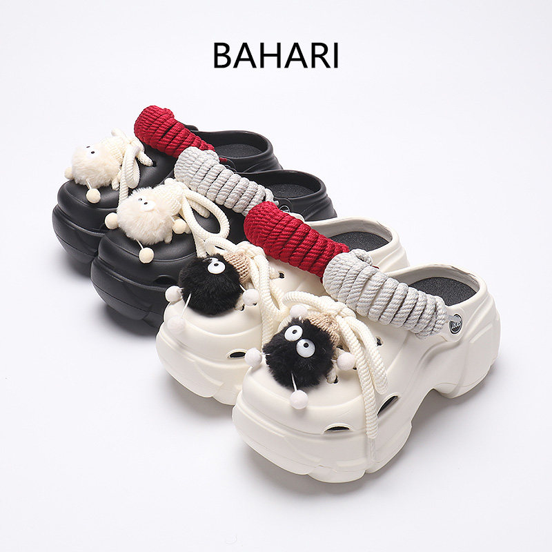 BAHARI拖鞋洞洞鞋女夏季外穿增高跟厚底防滑时尚毛球绑带包头凉鞋