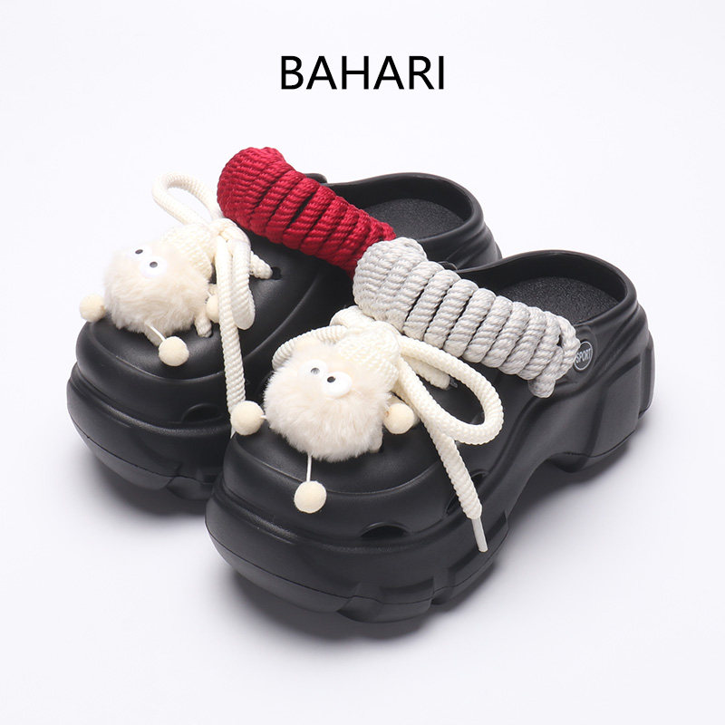 BAHARI洞洞鞋女款2024新款夏季外穿时尚毛球绑带增高跟厚底凉拖鞋