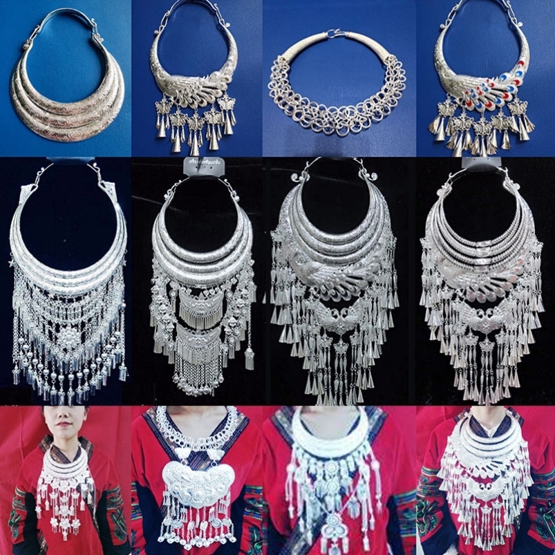 苗族银饰饰品项圈项链瑶族佩戴文艺侗族银饰品表演壮族银项圈挂饰