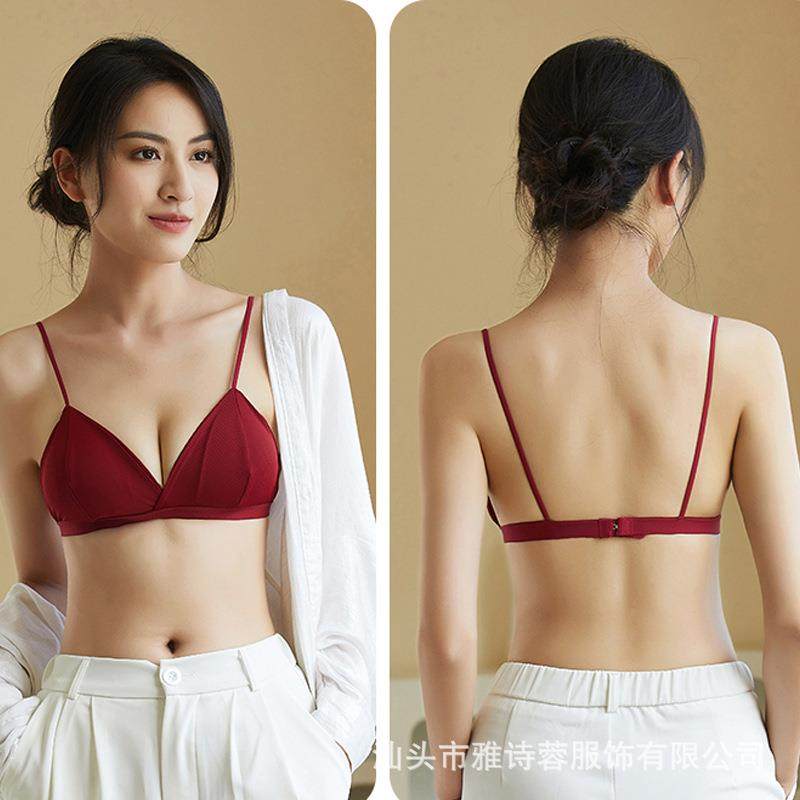 夏季新款冰丝螺纹排扣法式吊带三角杯文胸无钢圈薄款小胸美背内衣