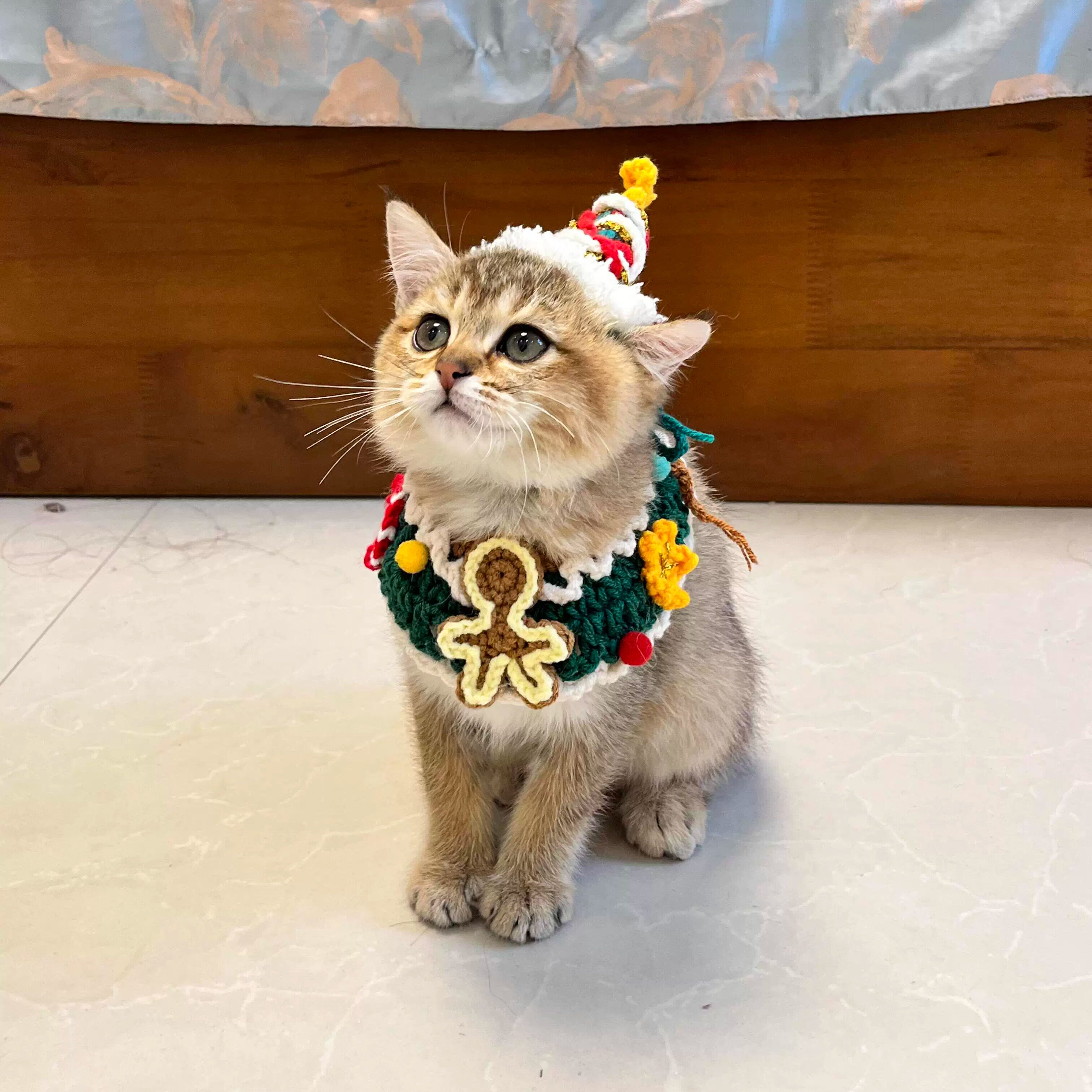 圣诞宠物猫咪衣服装饰帽子围脖冬加厚保暖毛线舒适围兜小型犬比熊
