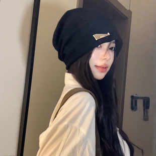 帽子显脸小适合方圆脸女秋冬季慵懒风大头围堆堆帽时尚护耳针织帽
