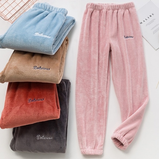 暖暖裤秋冬女珊瑚绒宽松束脚法兰绒直筒哈伦休闲长裤大码睡裤九分