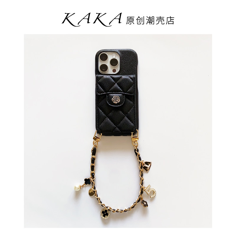 原创小香风黑色零钱插卡适用于苹果16promax手机壳荔枝纹手提