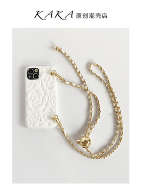 原创小众白色高级立体山茶花华为mate50pro手机壳p60/50/40苹果15promax适用于iPhone16斜背皮链条保护套全包