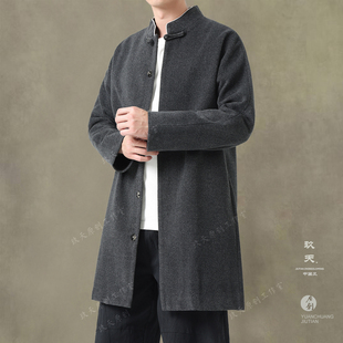 秋冬新中式男装中长款毛呢大衣长款中山装中国风外套高端唐装汉服