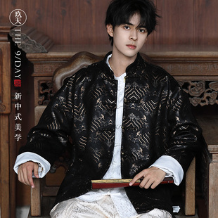 秋冬中国风男装新中式唐装情侣装海浪纹丝绸立领上衣夹克外套独特