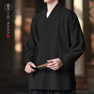 秋冬明制交领汉服新中式禅意右祍居士服男女同款棉麻古风宽松道袍