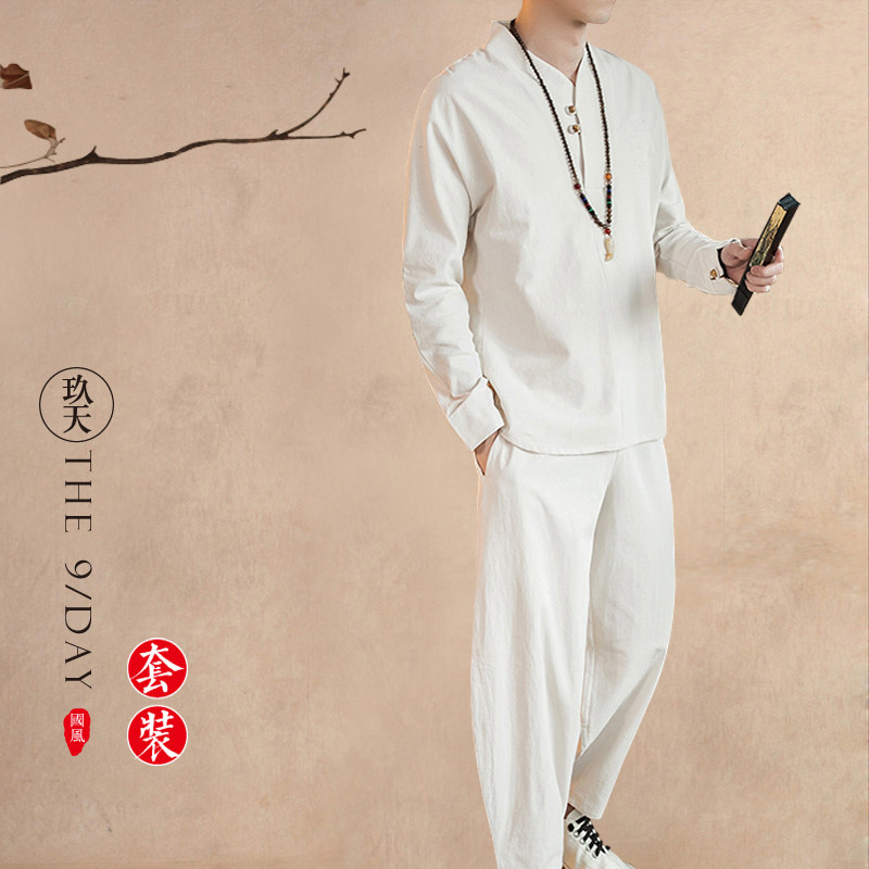 봄 중국 스타일 남성 캐주얼 정장 당나라 정장 평신도 정장 HANFU 느슨한 린넨 도교 가운 2 피스 세트