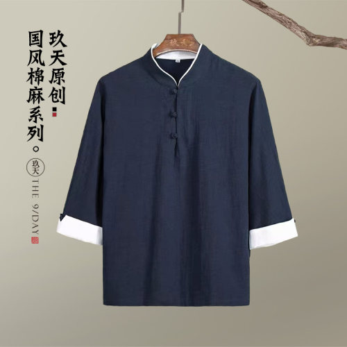 中式唐装七分袖盘扣衬衫亚麻T恤