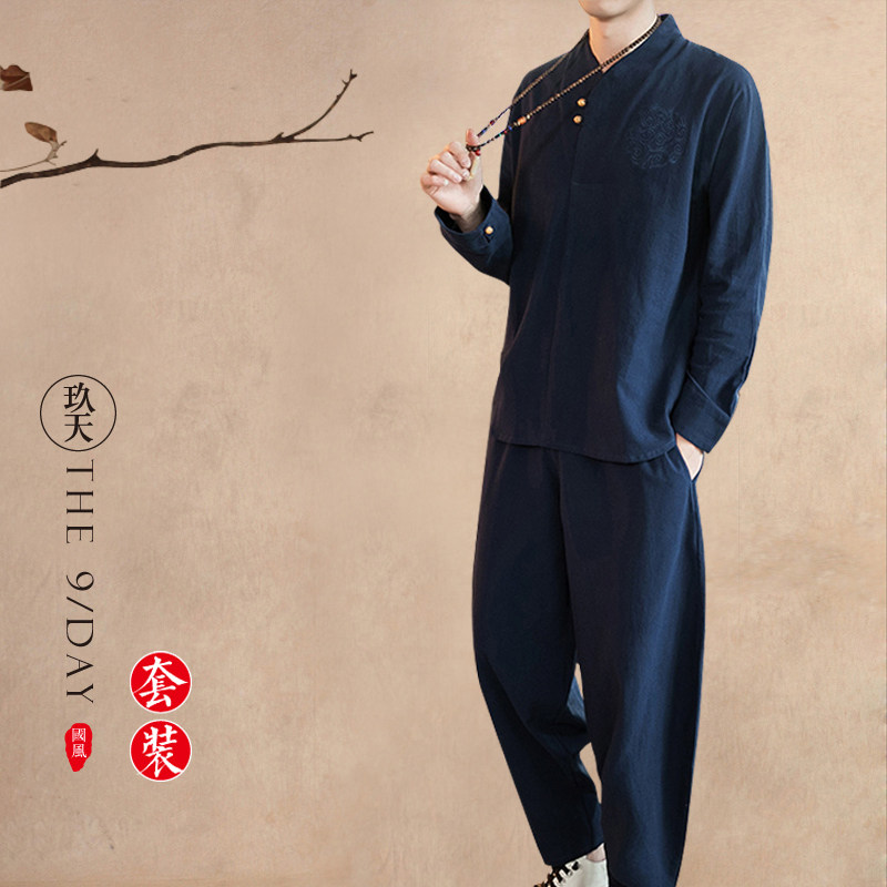 봄 중국 스타일 남성 캐주얼 정장 당나라 정장 평신도 정장 HANFU 느슨한 린넨 도교 가운 2 피스 세트