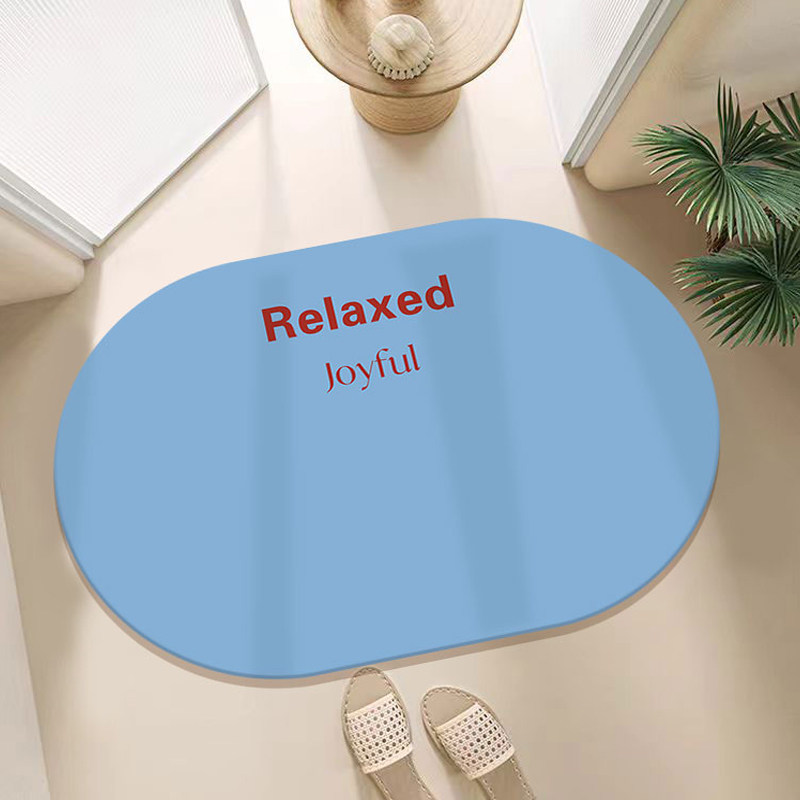 浅蓝色卫生间门口脚垫浴室吸水地垫奶油风家用椭圆形硅藻泥防滑垫