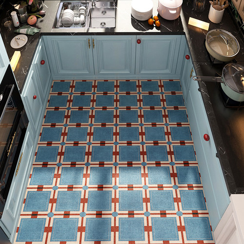 皮革厨房地垫吸水防滑全铺脚垫蓝色覆古厨房地毯灶台水池脚垫耐脏