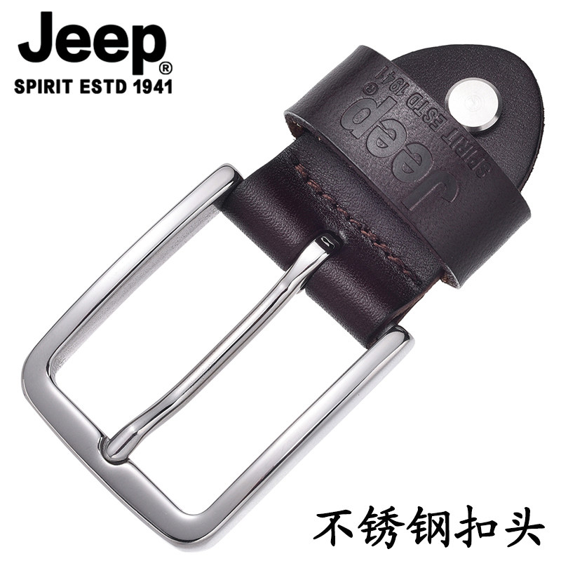 JEEP不锈钢扣头头层牛皮窄款皮带