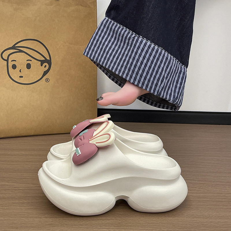 可爱蝴蝶结兔耳朵一字拖女夏季室内居家厚底踩屎感防滑凉拖鞋外穿