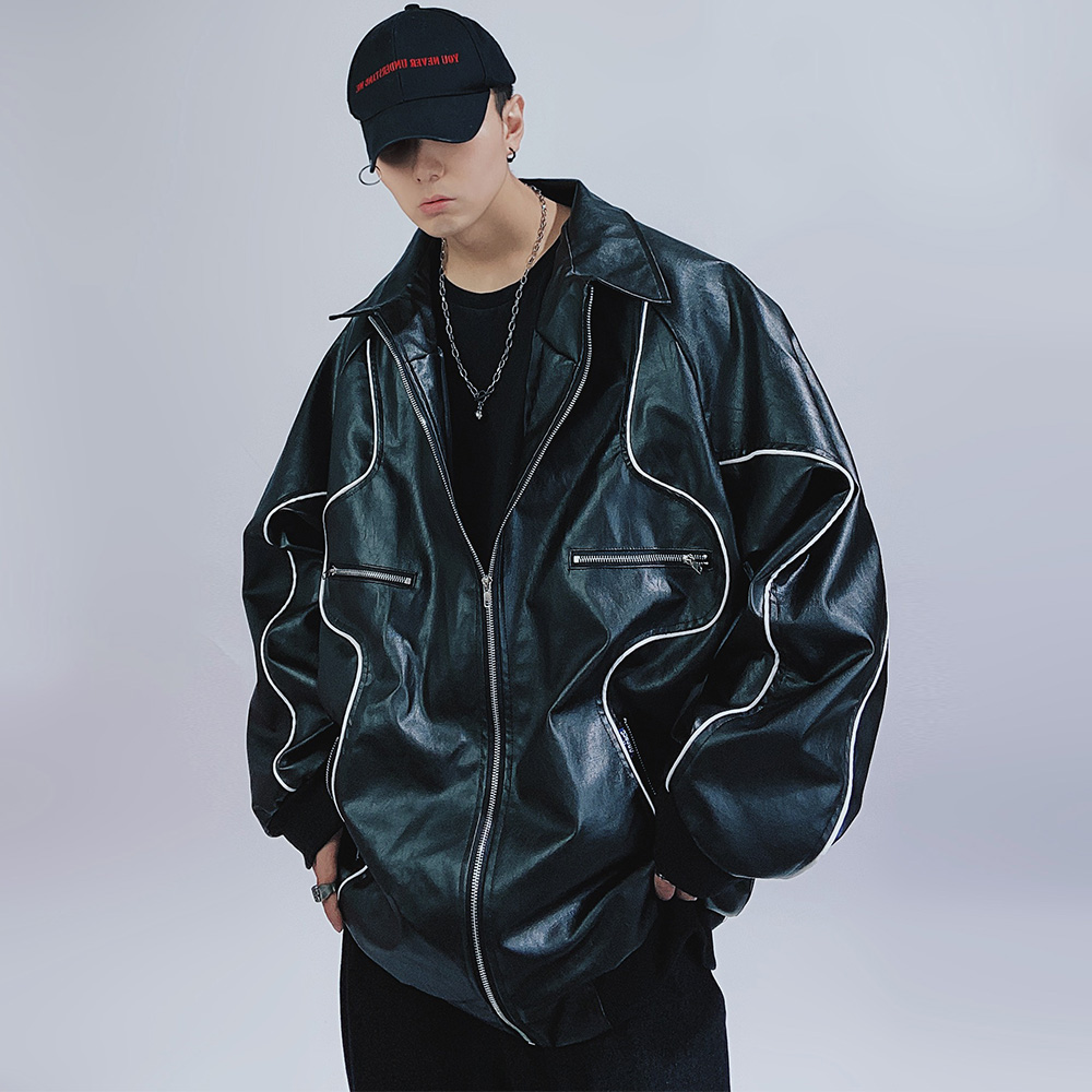 韩版复古宽松翻领皮夹克