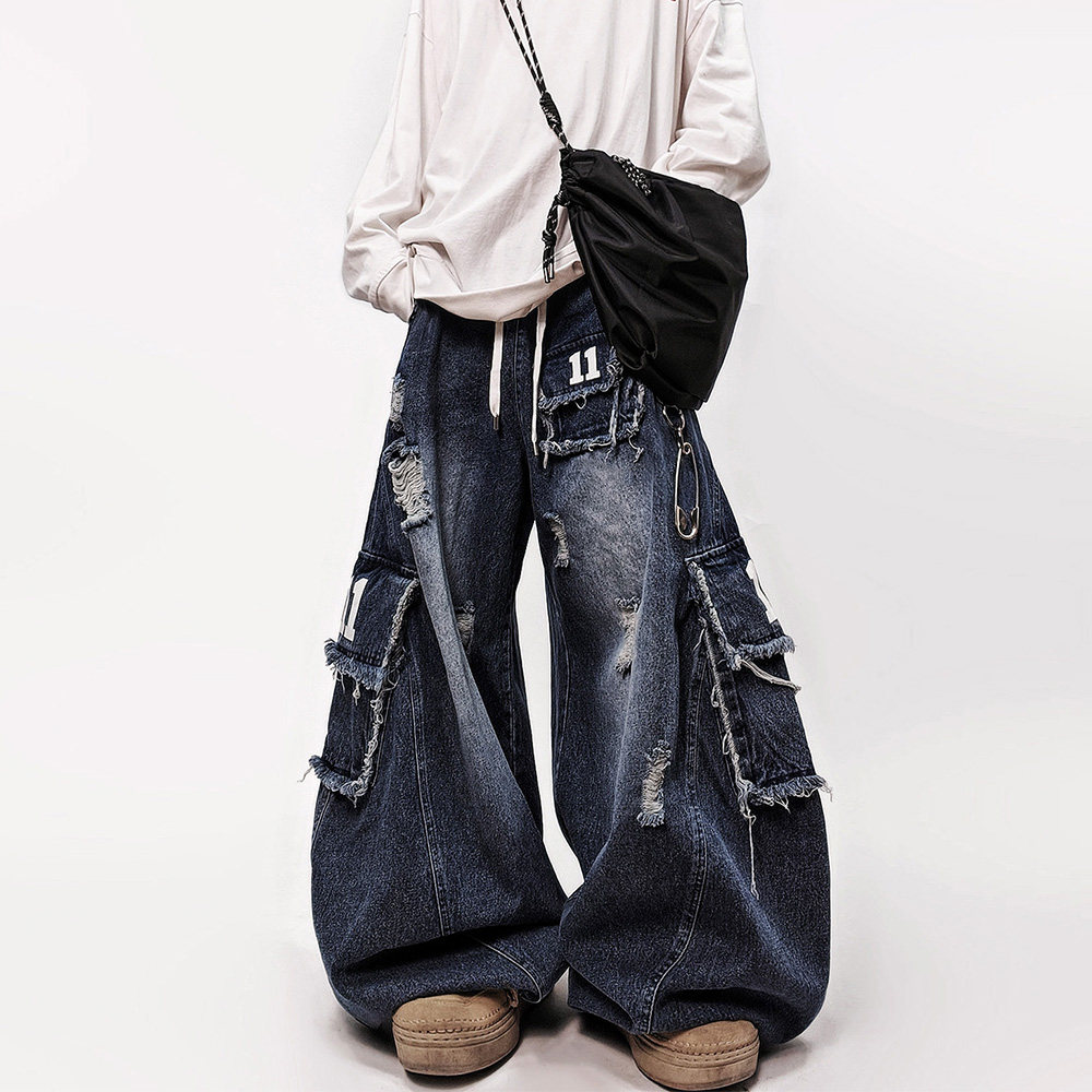 UUCSCC嘻哈潮牌工装长裤阔腿牛仔裤美式复古宽松直筒拖地弯刀裤,男装,牛仔裤,淘宝优惠券,粉丝福利购,淘宝优惠卷