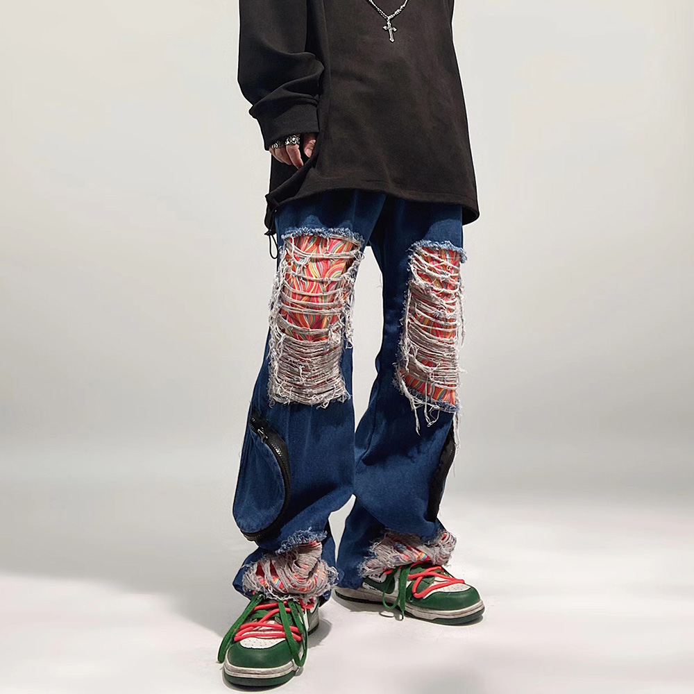 嘻哈宽松破洞补丁牛仔裤