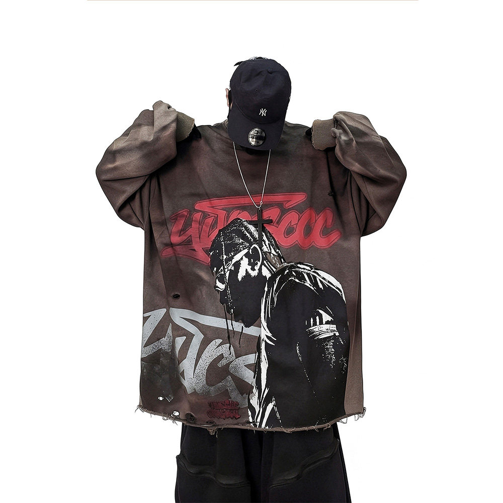 UUCSCC嘻哈潮牌复古vintage宽松圆领卫衣破洞做旧oversize外套男