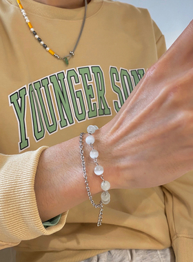 猫眼石男手链高级感男生手饰简约冷淡风双层个性小众钛钢潮不掉色