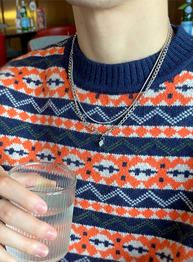 双层叠戴菱形嘻哈项链男个性潮小众设计感钛钢冷淡风不掉色蛇骨链