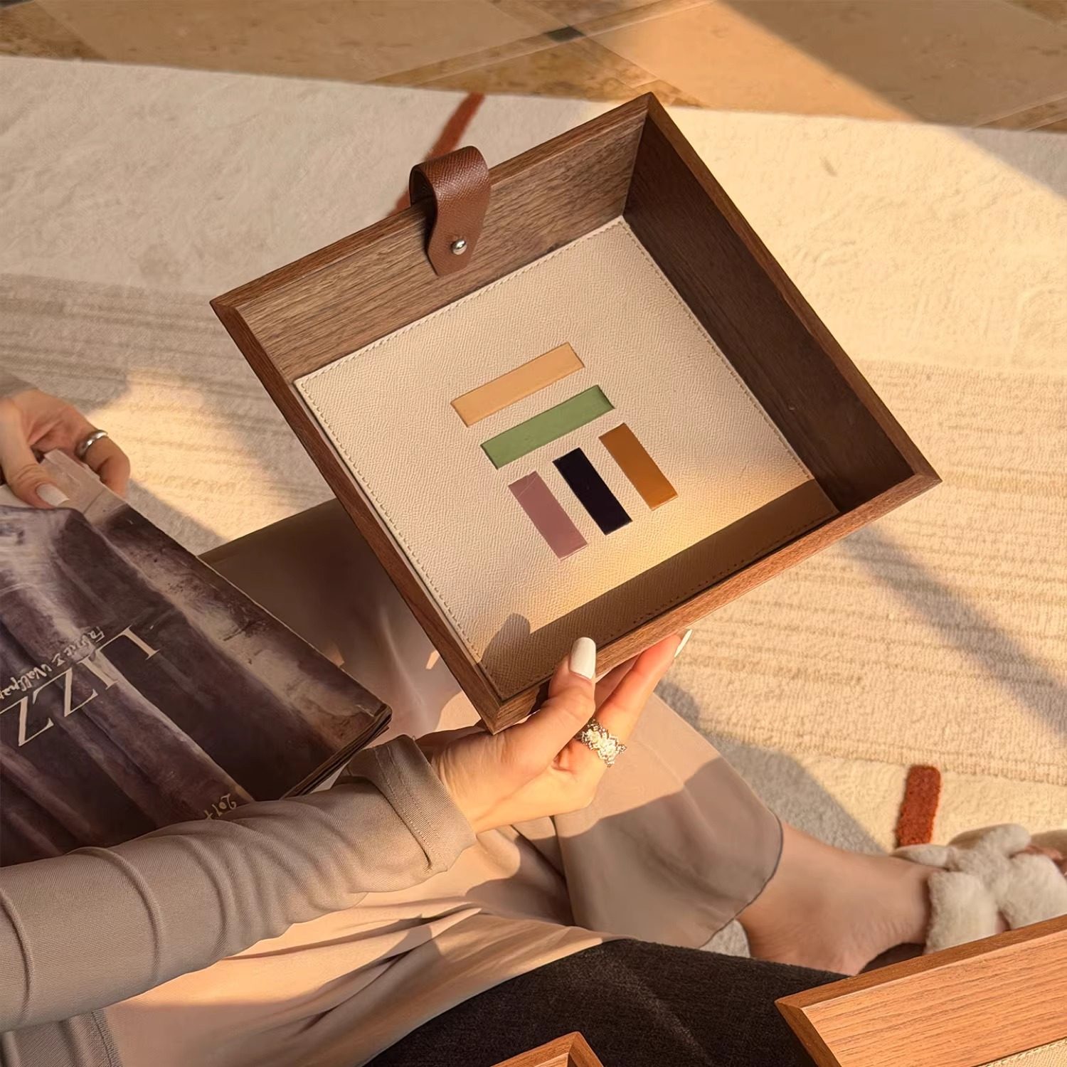 TEXDREAM态度 三原色实木皮革托盘收纳盒中古桌面玄关装饰品摆件,收纳整理,收纳筐,淘宝优惠券,粉丝福利购,淘宝优惠卷