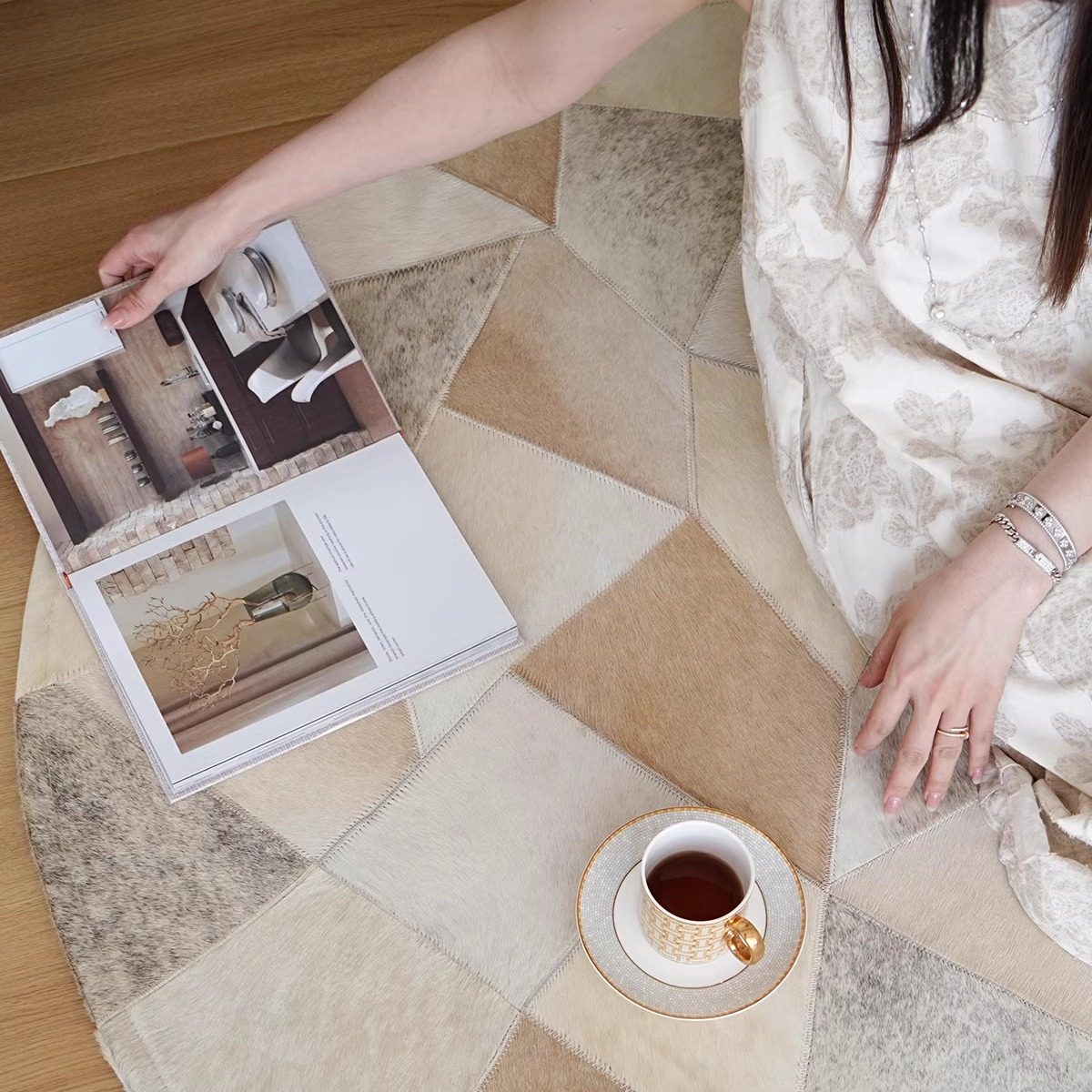 Texdream法式圆形奶牛皮客厅地毯