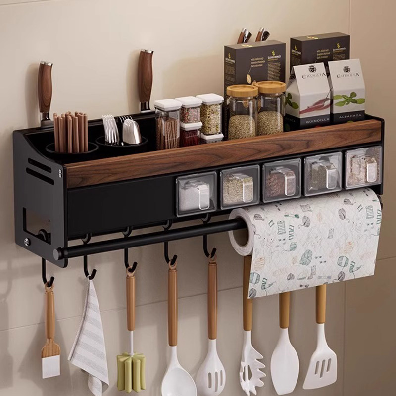 胡桃木厨房置物架免打孔家用壁挂式调味料筷子刀架用品大全收纳架