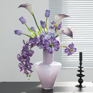 视远轻奢蝴蝶兰郁金香仿真花高级感玻璃花瓶装 饰客厅餐桌创意摆件