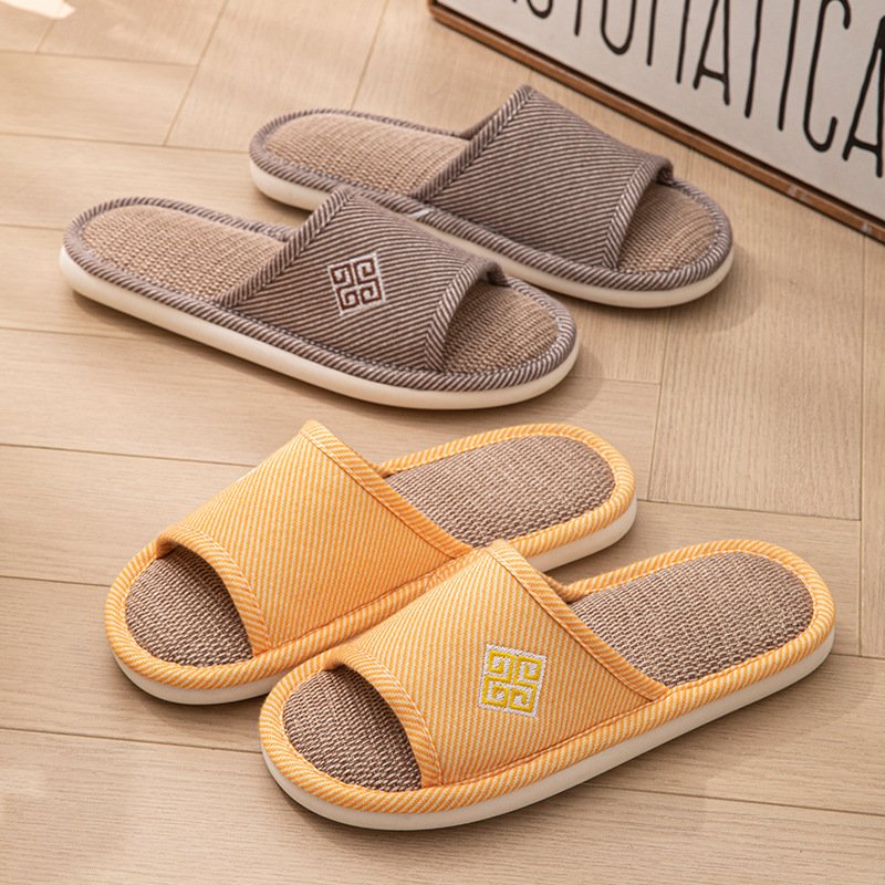 进口亚麻拖鞋女春夏季透气静音防滑居家静音吸汗室内地板拖鞋情侣