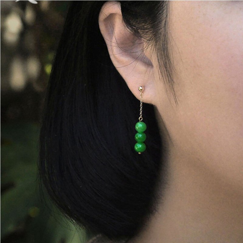 进口两三事翡翠玉石18k绿色耳环串珠流苏耳钉耳环干青感耳坠