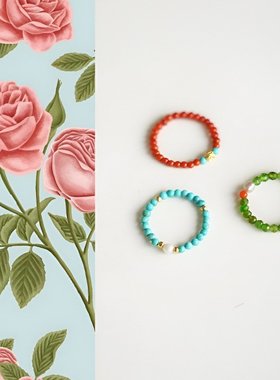 进口淡水珍珠原创中式天然绿松石南红祖母绿串珠戒指男女礼物