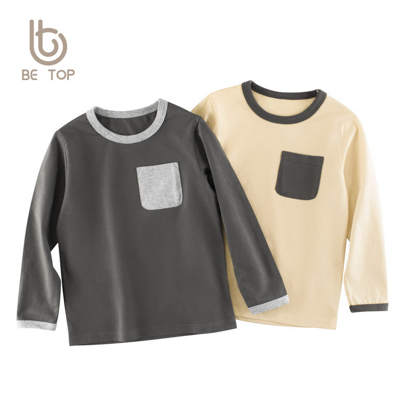 27kids童装口袋儿童长袖T恤春秋季男宝宝打底衫圆领纯棉拼色衣服