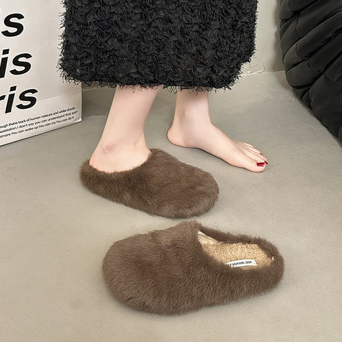 秋冬新款豹纹包头毛绒半拖鞋女