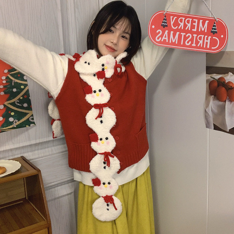 手工可爱氛围感圣诞新年雪人糖葫芦小围巾保暖凹造型围脖秋冬学生