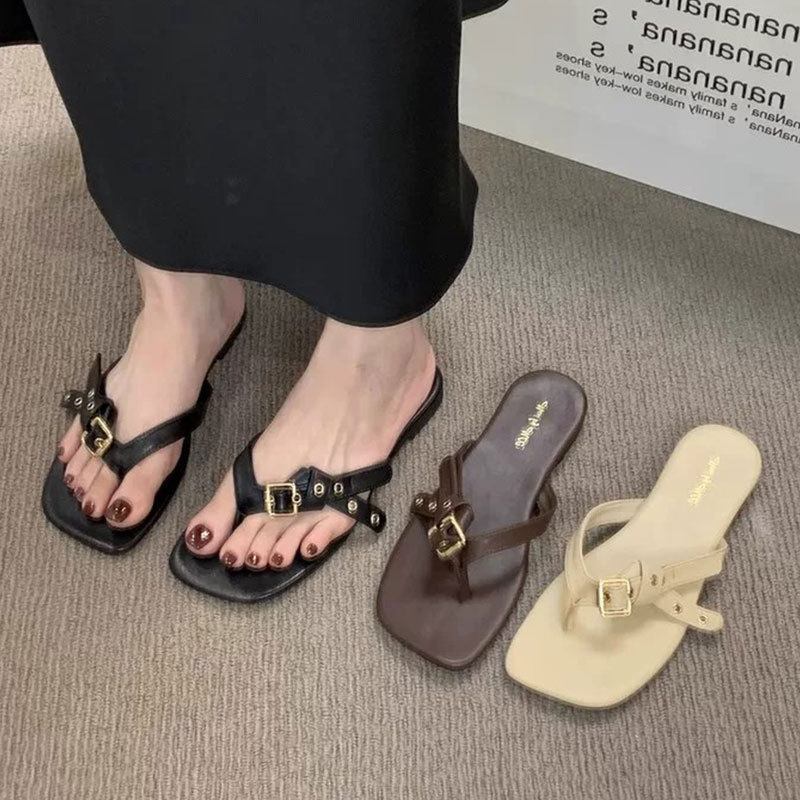 JX方头皮带扣夹趾平底人字拖女
