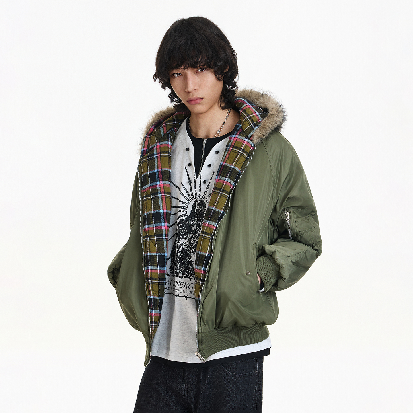 BLAEXIT格纹拼接座山雕毛领棉服bomber飞行夹克外套男款加厚冬季