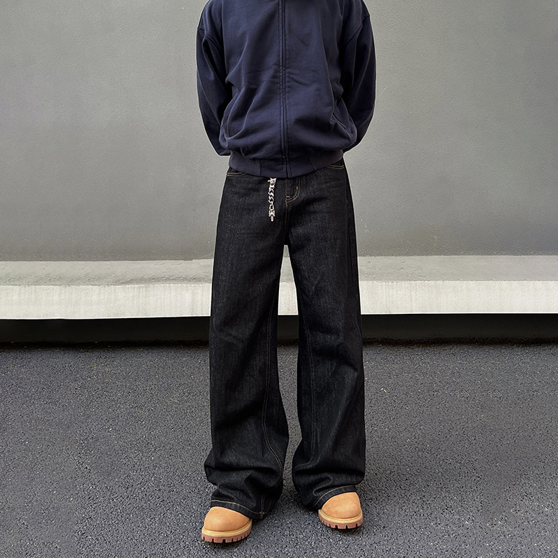 thumbnail for BLAEXIT American Retro Diamond Denim Black Jeans Men's Original Cow Design Straight Bootcut Long Pants