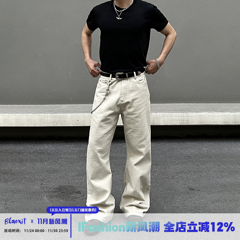 BLAEXIT 美式复古cleanfit米白色牛仔裤男直筒高街vibe微喇工装裤