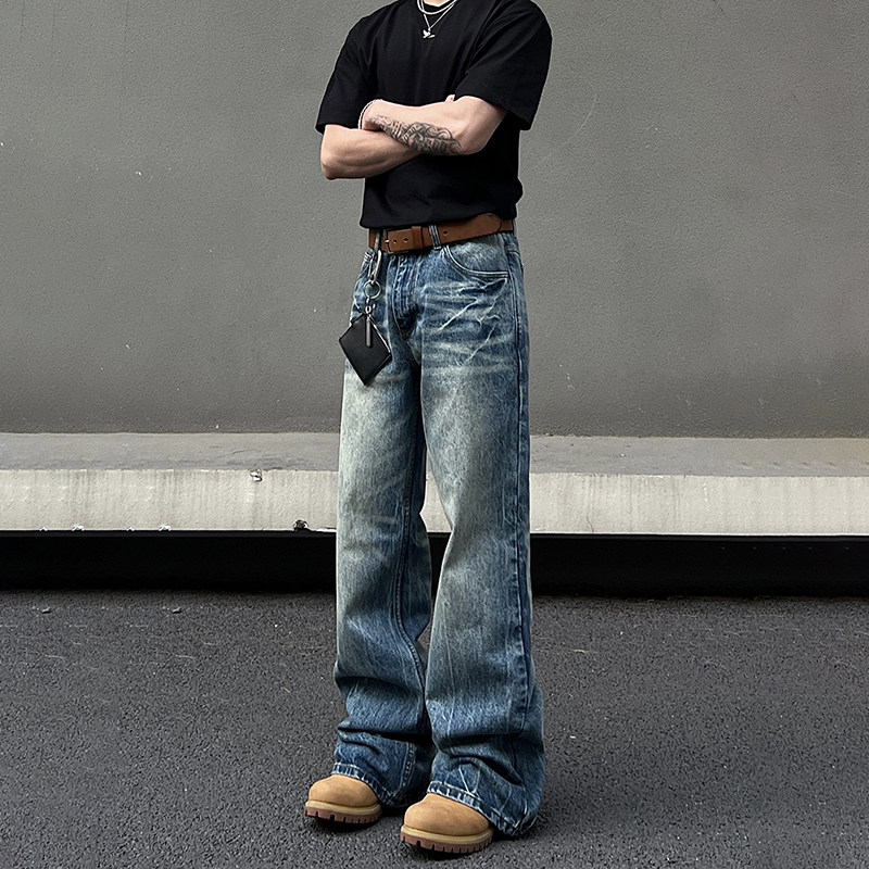 thumbnail for BLAEXIT American high street vibe ice blue lightning stripe jeans men's straight bootcut cleanfit pants