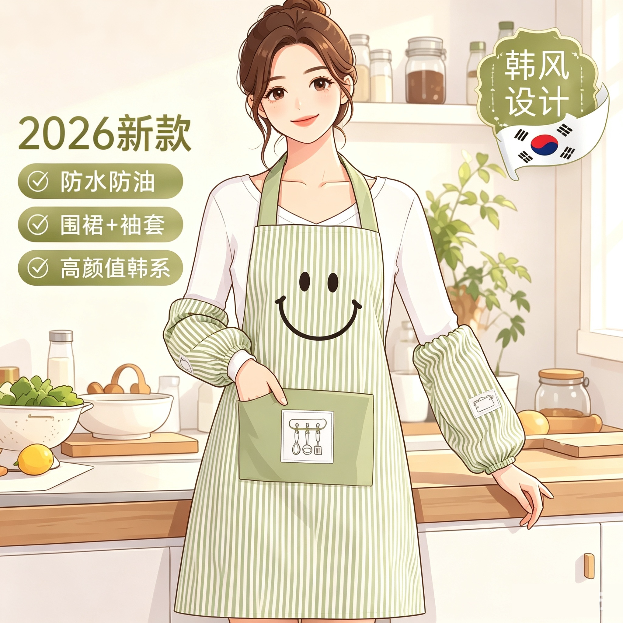 韩系防水防油带袖套棉质围裙