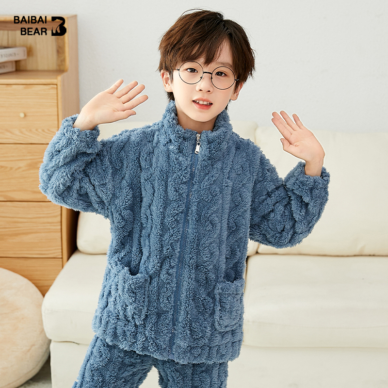 秋冬季珊瑚绒男童加厚睡衣套装