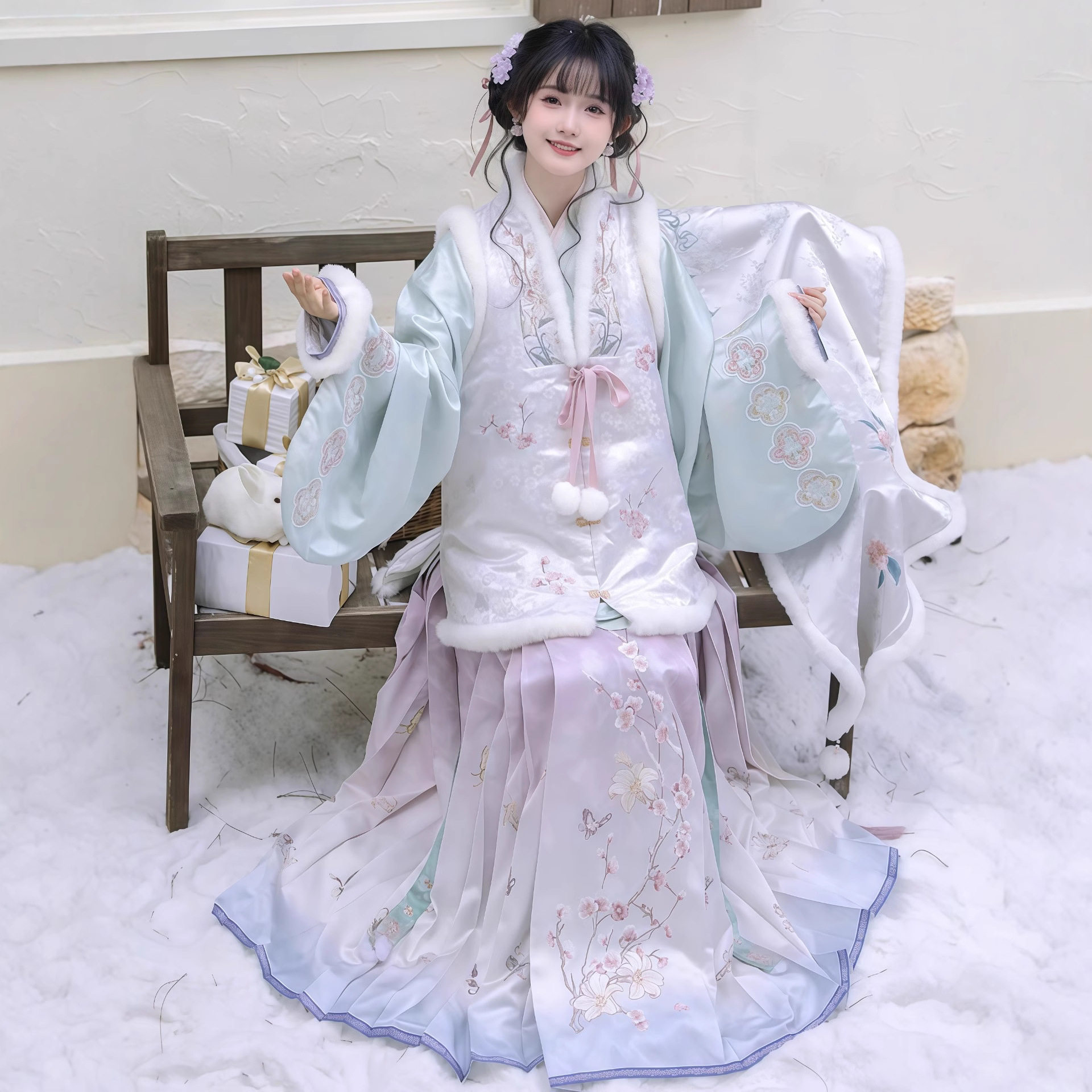 【赏梅有约】明制女交领内搭重工刺绣比甲马面裙套装加绒披肩冬款