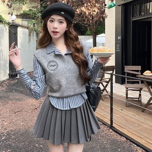 【卡佩学院】秋季新款套装上衣春秋显瘦针织百褶裙学院风三件套潮