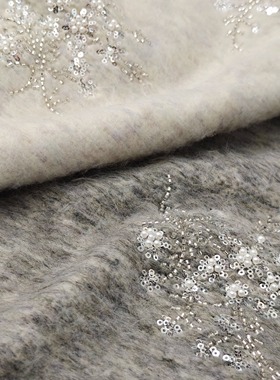 高奢精致法式亮片绣花羊毛长毛呢面料春秋女装服饰大衣手工布料