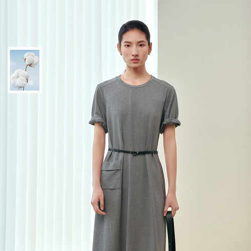 丽雪leisure2026夏季新款圆领短袖休闲连衣裙长裙A字裙宽松女